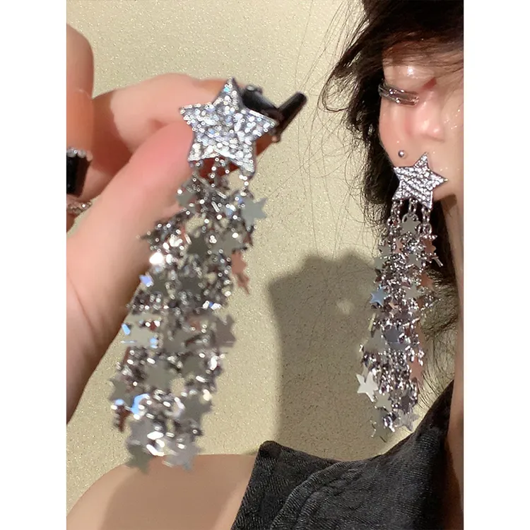 铜合金合成锆石耳饰 五角星流苏耳环2025新款耳钉气质夸张耳饰女