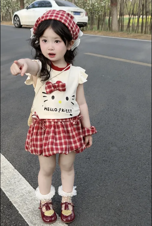 【送包送发箍】女童卡通套装2025女宝宝洋气可爱上衣格子半身裙套装