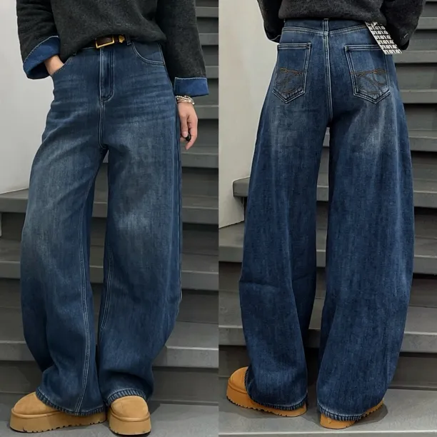 麻味家  冬季加绒高腰保暖宽松弯刀牛仔裤（配腰带）