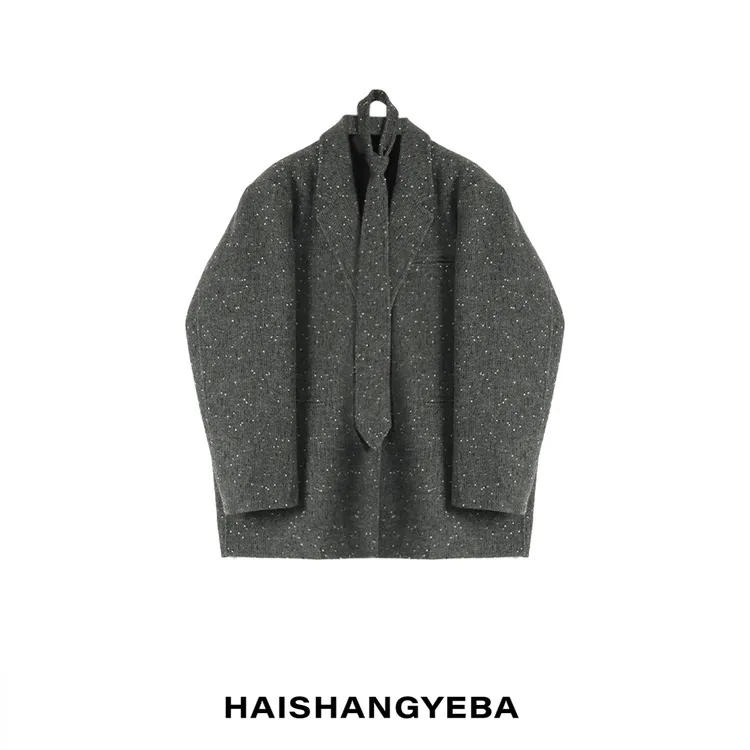 【海上叶爸】新款2025秋冬百搭羊毛翻领宽松波点气质西装外套