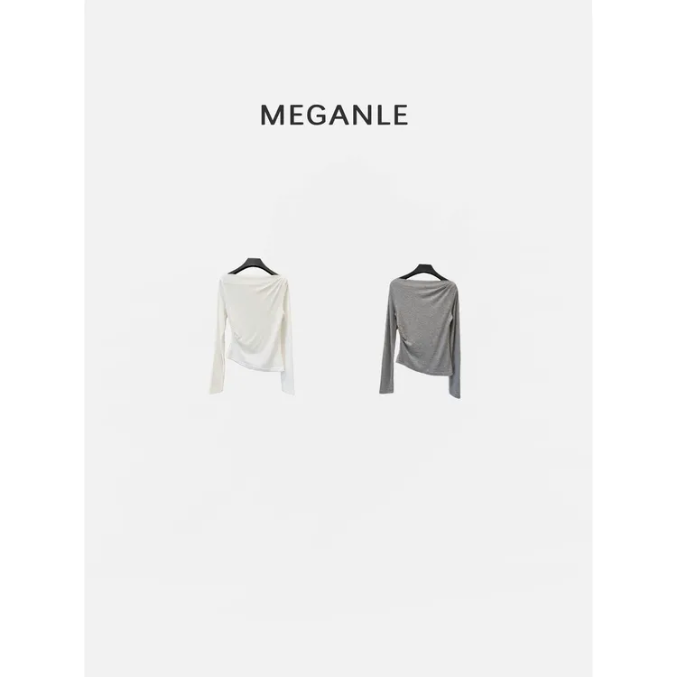 【露丝】MEGANLE亲肤0压感天丝羊毛一字领不对称抽褶长袖T恤2025191