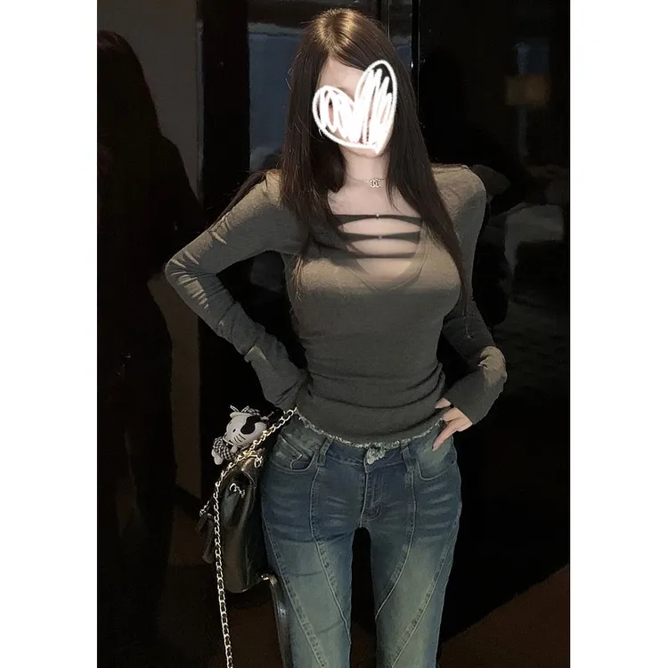 洋气性感镂空V领长袖T恤女秋冬保暖加厚加绒打底衫内搭修身短上衣