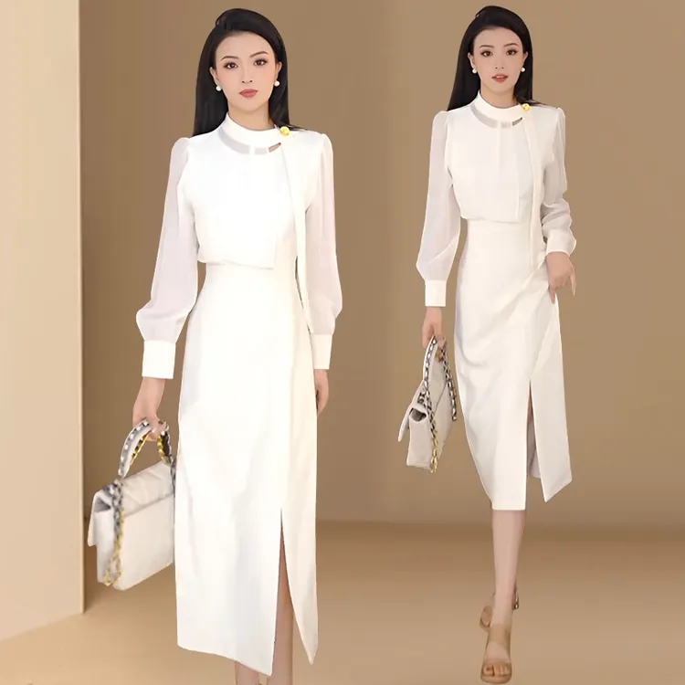 法式优雅气质假两件连衣裙女2025春秋新款轻奢女装收腰开叉长裙子