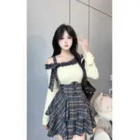 【甜心微露-上衣】10351 胖mm新款早秋两件套长袖斜肩上衣