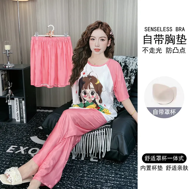 带胸垫夏季提花冰丝睡衣女短袖薄款三件套宽松卡通家居服套装夏天