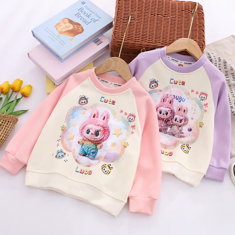 女童插肩袖卫衣女孩子秋天套头华棉卫衣儿童秋季撞色袖变脸棉上衣