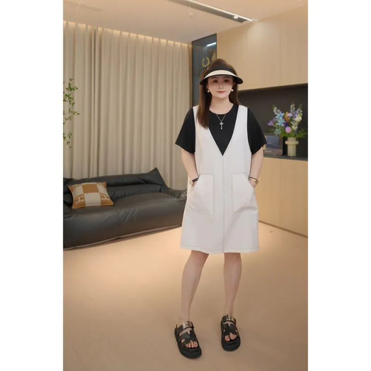 【胖佳佳】现货~绵绵冰纱 牛仔拼接短袖连衣裙夏季百搭H625Z04664