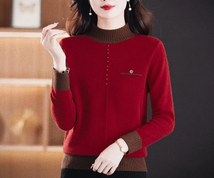 【复古红棕】洋气保暖纯色衫常规半高领套头开衫针织340打底衫秋冬
