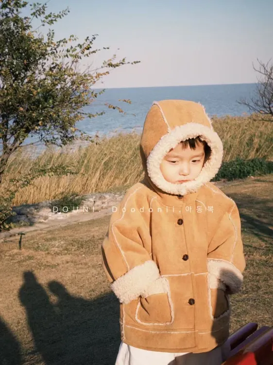 Doodonii 豆泥2025韩国儿童冬季新款毛毛连帽外套加绒加厚大衣