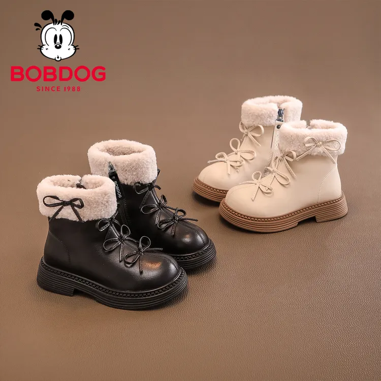 巴布豆女童马丁短靴子儿童二棉鞋子2025秋冬季新款雪地靴加绒皮靴