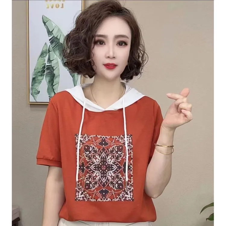 2025新品洋气百搭气质连帽短袖时尚减龄T恤上衣#981