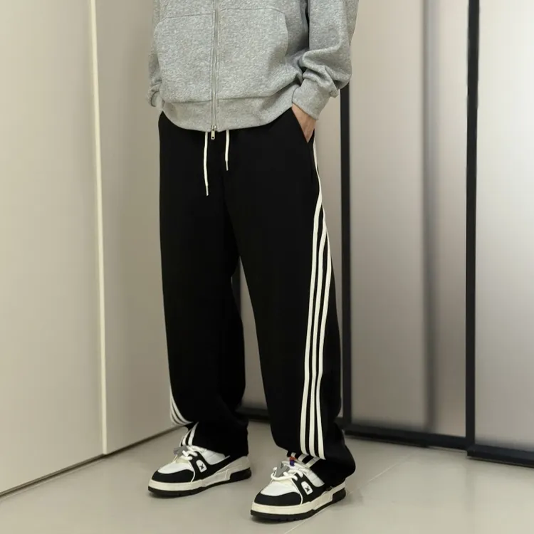 2025秋季新款美式复古三条杠运动卫裤男宽松直筒阔腿裤男士休闲裤