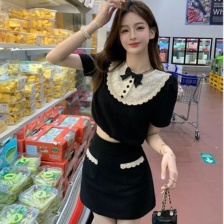 两件套｜夏季新款小香风蕾丝拼接蝴蝶结短袖上衣半身裙女两件套