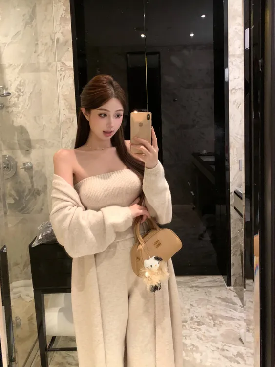 秋冬慵懒风软糯糯时尚套装气质针织高腰开衫外套抹胸休闲裤三件套