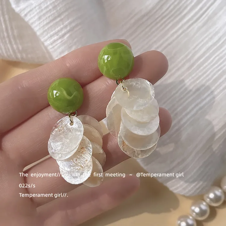 925银玻璃耳饰 新款森系清新天然贝壳925银针手作设计感耳饰 
