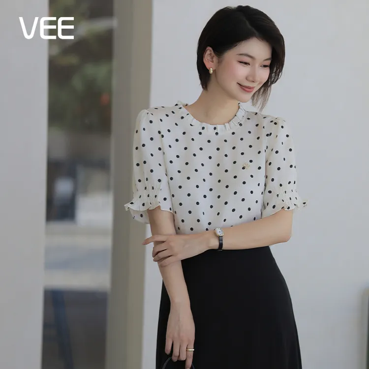 VEE【波点女孩】新款精致小花边圆领短袖点点印花衬衫夏季