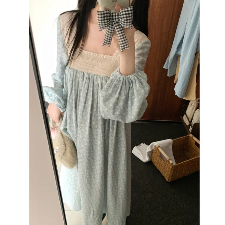 法式甜美蕾丝方领碎花睡裙女款春秋季长袖纯棉纱布宽松睡衣家居服