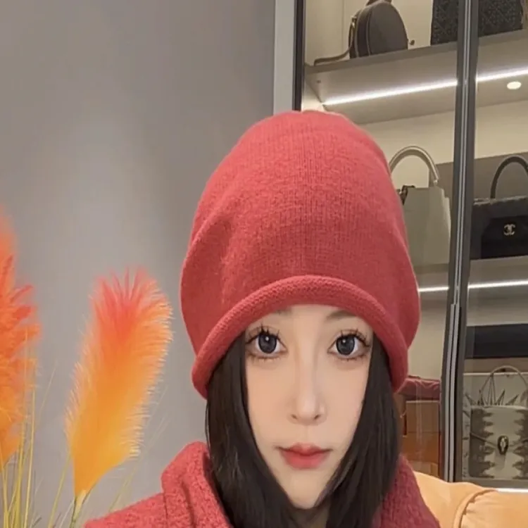 全羊毛清秋冬卷边抽绳堆堆帽女款针织帽显脸小保暖时尚百搭网红款
