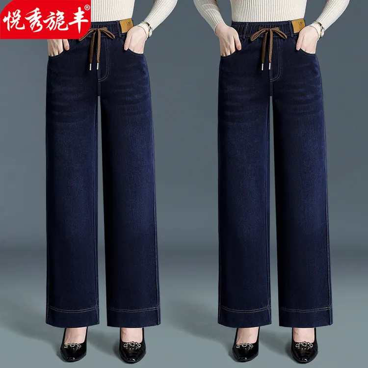 2025秋冬新款加绒加厚宽松百搭高腰显瘦休闲中老年妈妈水洗牛仔裤商品图