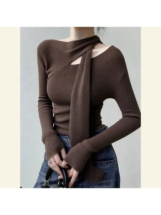 秋季独特超好看单穿上衣法式小众设计感洋气减龄通勤风咖色针织衫