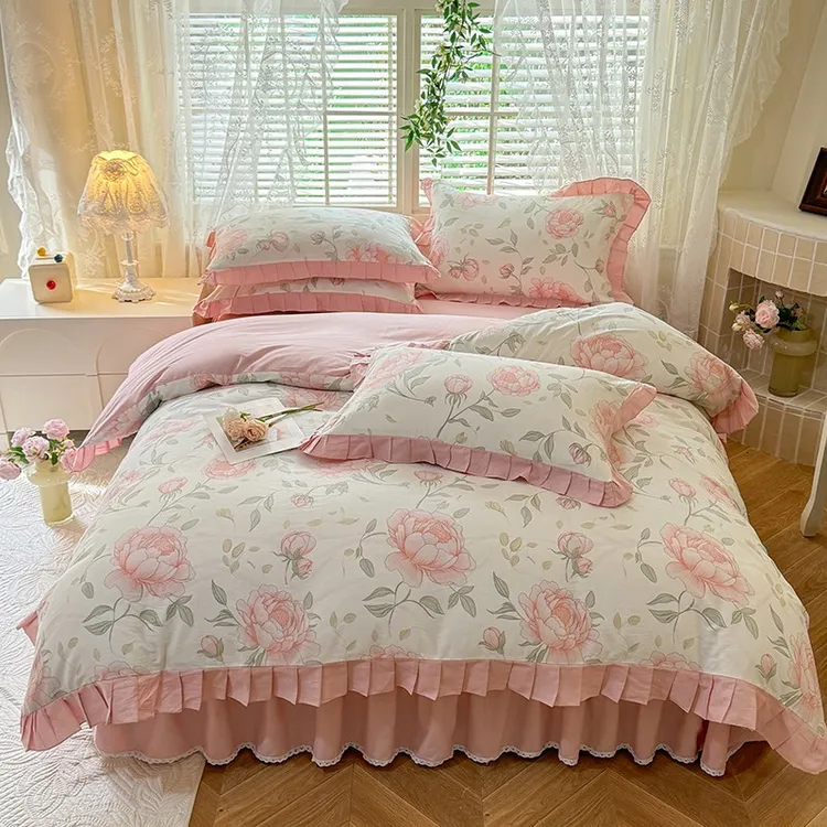 纤芯莲2025新款全棉纯色拼印花单层床裙四件套