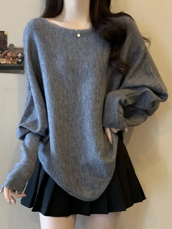 高级感格雷系穿搭灰色针织衫毛衣女秋装大码胖mm不规则蝙蝠袖上衣
