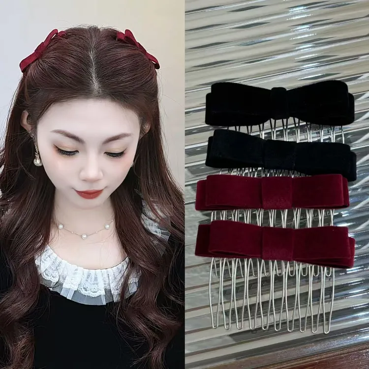 公主头丝绒蝴蝶结倒插梳刘海碎发夹