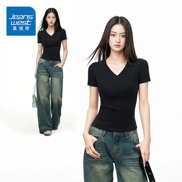 真维斯抗菌v领短袖t恤女装潮牌新款纯欲风多巴胺风格洋气衣服女