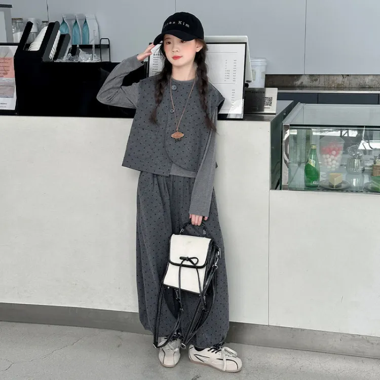 女童秋装马甲圆点灯笼裤套装2025新款韩系中大童洋气不规则三件套
