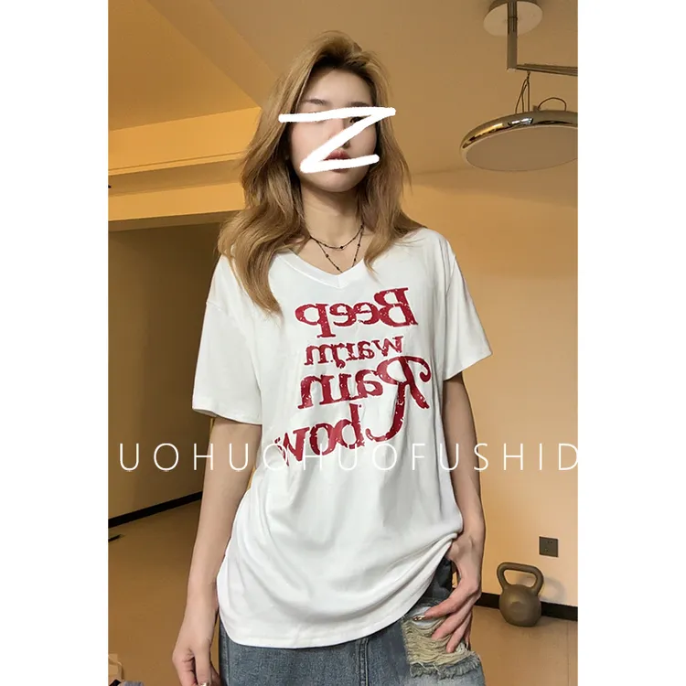 慵懒风宽松V领短袖T恤女夏季印花2025新款百搭遮肉显瘦潮流上衣