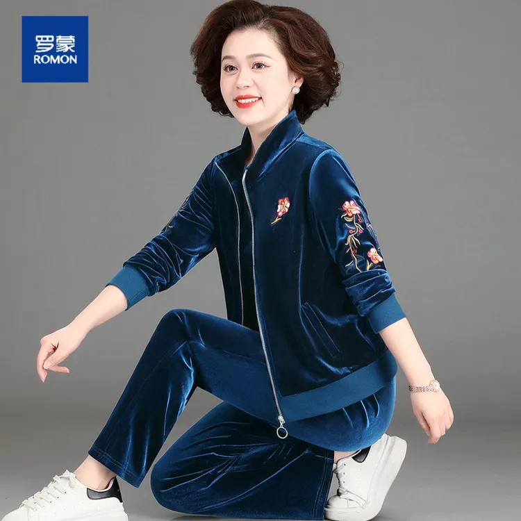 罗蒙妈妈装外套女春秋时尚气质中老年金丝绒运动服套装休闲三件套