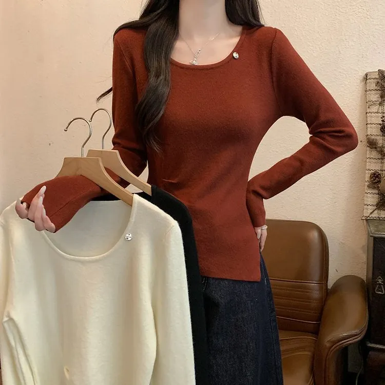 褶皱收腰不规则长袖针织衫女秋冬季内搭修身设计感别致毛衣打底衫