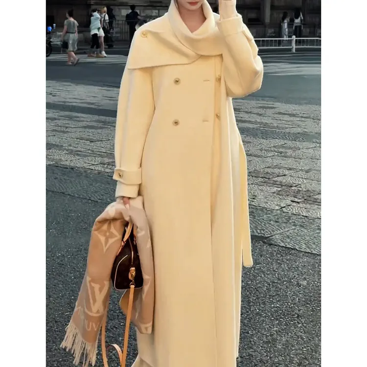 法式小香风大翻领毛呢大衣2025秋季新款双排扣名媛气质中长款外套