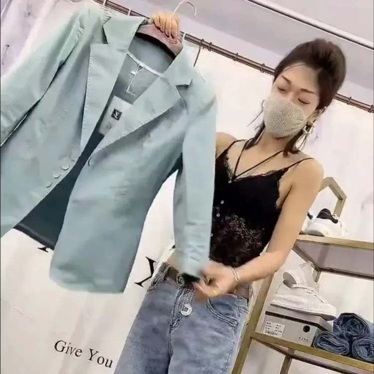 新款潮流时尚洋气百搭气质显瘦休闲西服外套直筒牛仔裤女装TT0088