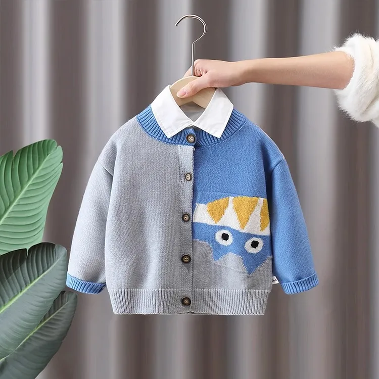 男童针织开衫儿童春秋季网红拼色毛衣2025新款春装卡通毛线外套春