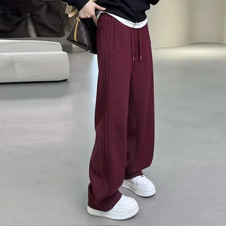时尚美式酒红色直筒卫裤休闲运动裤春秋新款宽松显瘦抽绳阔腿长裤