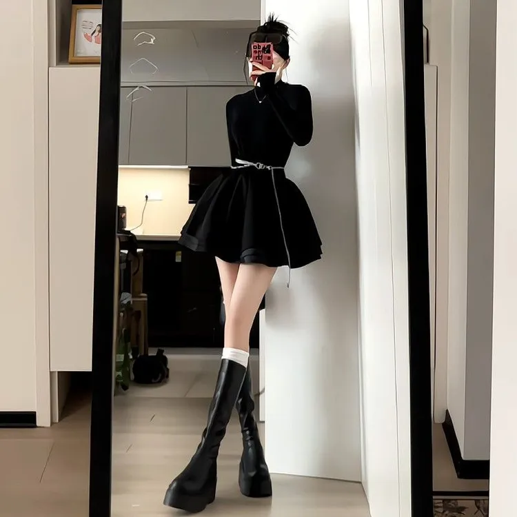 赫本风高级感黑色连衣裙子女装冬秋季打底气质千金公主蓬蓬短裙