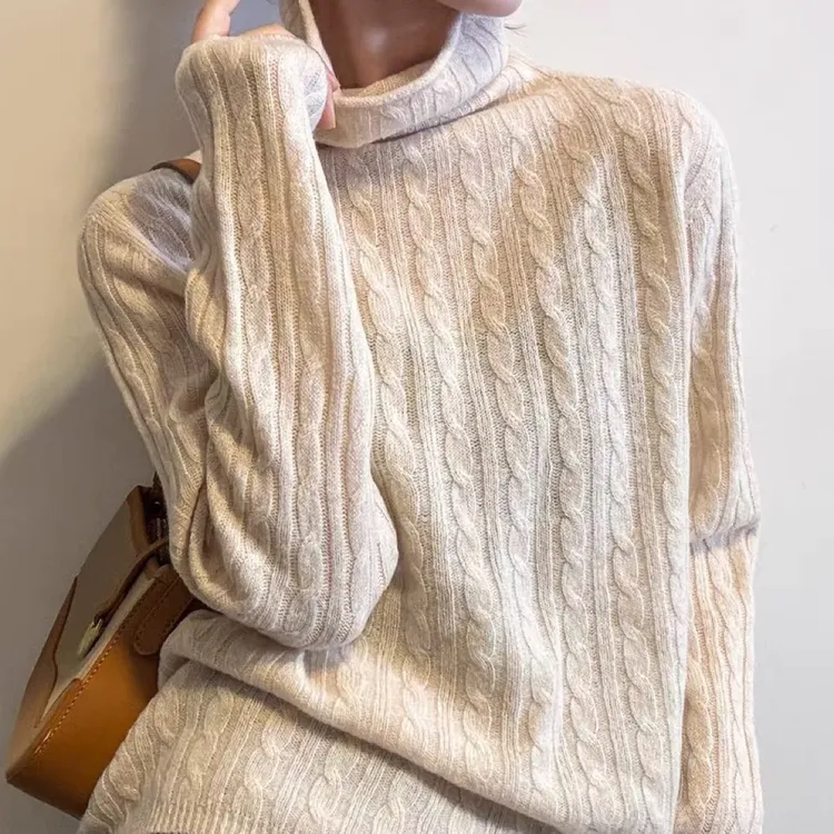 冬季慵懒风高领麻花针织毛衣女时尚百搭上衣
