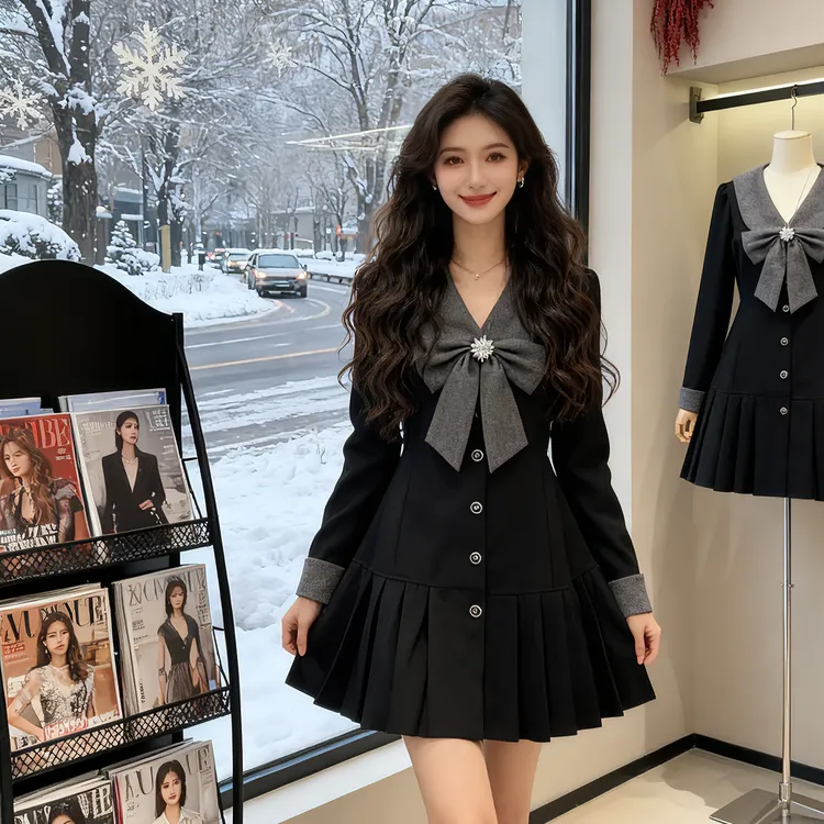 冬季新款大码女装时尚洋气蝴蝶结收腰显瘦西服连衣裙