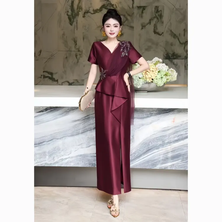 ZEROYK婚宴喜妈妈喜婆婆修身钉钻礼服长裙优雅显瘦气质钉珠连衣裙