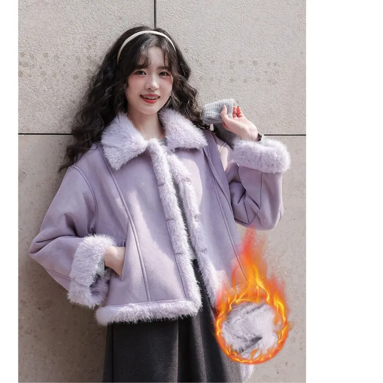 时尚加厚麂皮绒短款外套女款2025冬季百搭休闲小个子加绒保暖上衣