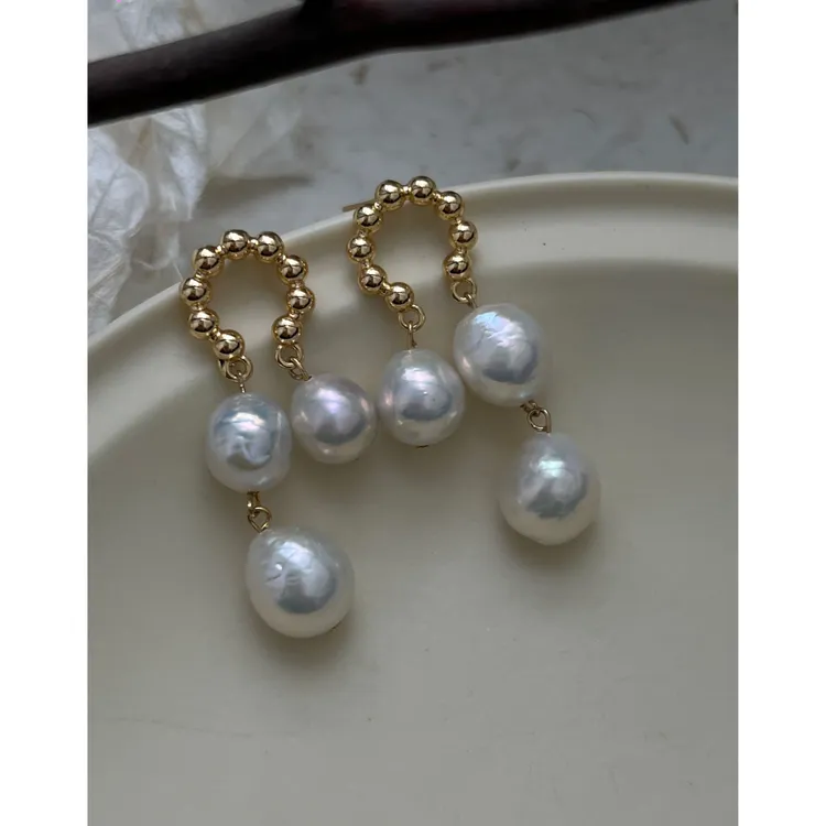 JUNMU天然淡水巴洛克珍珠耳环复古法式气质耳钉小众优雅耳坠