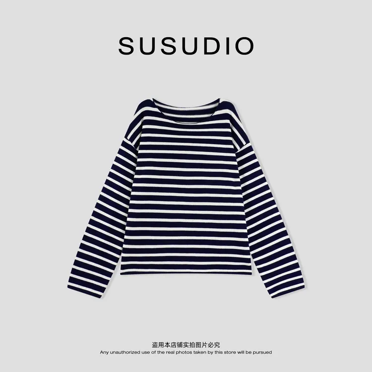 SUSUDIO 羊毛 极简风宽松船领条纹亲肤软糯毛衣打底衫 50206