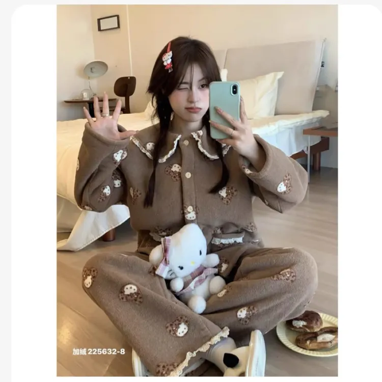 米娅林加厚翻领棉服省服可外穿韩系娃娃领蕾丝加厚家居服25633