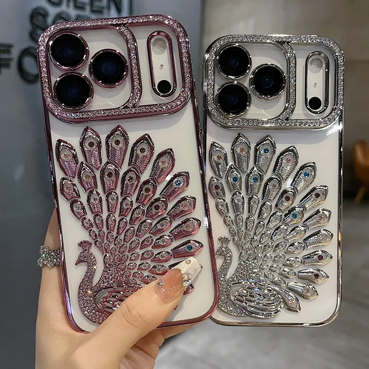 适用苹果系列iPhone17新款手机壳15promax时尚感孔雀全包精孔钻框