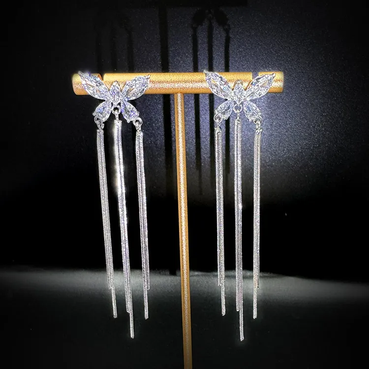 铜合金耳饰 精致锆石蝴蝶流苏耳环女气质长款超仙耳钉百搭耳饰品