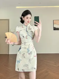 周子仪白色蝴蝶结连衣裙女夏季2025年新款气质短袖改良旗袍裙子