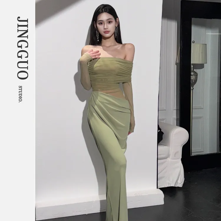 【JINGGUO轻奢】小众辣妹性感网纱露腰长裙一字肩微透连衣裙7247