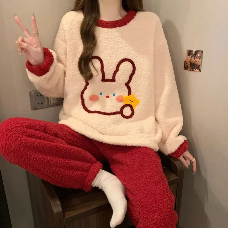 秋冬季加绒珊瑚绒睡衣女款加厚卡通可爱少女半边绒冬天家居服套装