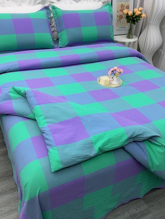 A类母婴级100%纯棉四件套全棉色织水洗棉格子条纹无印风180*200床